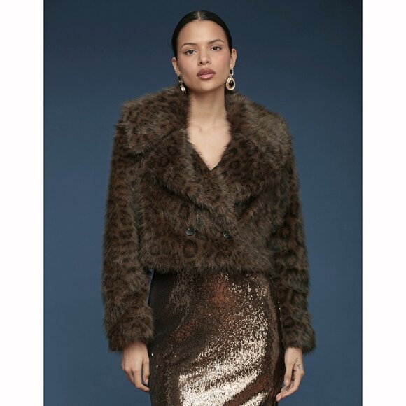 New Avec Les Filles Cropped Leopard Faux Fur Coat Brown XS $188 - Picture 2 of 5
